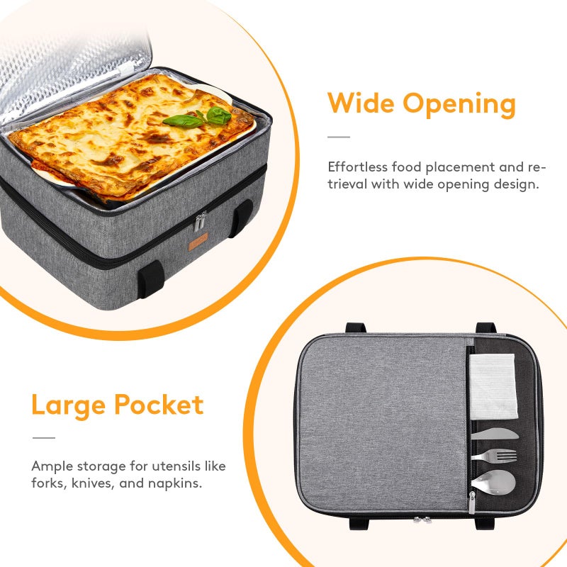 LUNCIA Lifewit LUNCIA Insulated Double Decker Casserole Carrier, Lasagna Lugger Tote Keeps Food Hot or Cold, Thermal Lunch Bag for Potluck Parties, Picnic and Cookouts, Fits 9" x 13" Baking Dish, Grey - Image 5